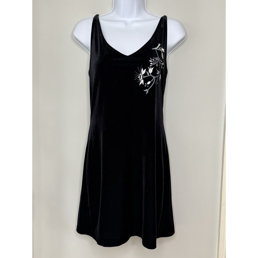 VTG Y2K Velvet Mini Dress Womens L Black Floral Embroidered Whimsigoth Fairy Fem